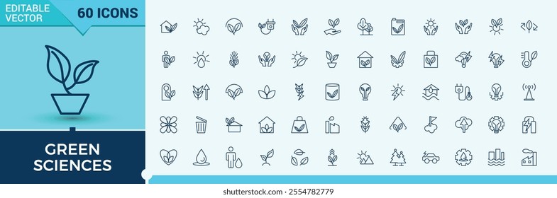 Ecology line icons set. Containing nature, organic, energy, natural, green power, renewable, wind power. Simple icon designs. Editable vector stroke.