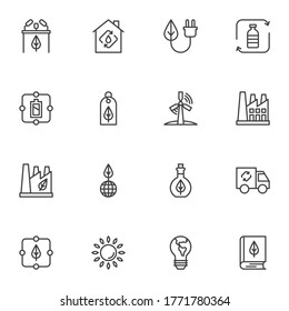 Ecology line icons set, eco energy outline vector symbol collection, linear style pictogram pack. Signs, logo illustration. Set includes icons as wind power, alternative green energy, factory, battery