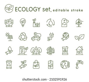 Ecology line icons set. Eco, save planet, waste sorting, global warming, climate change, alternative energy, recycl, solar battery, windmill, green house symbol. Editable stroke vector illustration