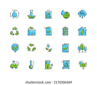 Ecology line icons set in green and blue colors. Pixel perfect icon about nature theme. Outline eco logo set. Renewable energy. Organic fuel, sun battery, water clean, earth. Vector illustration