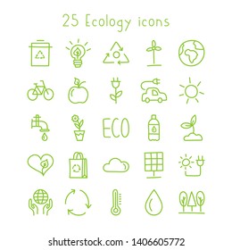 Ecology line icons set isolated on white background. Nature hand drawn symbol illustration for World Environment Day.