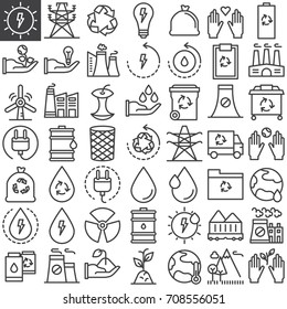 Ecology line icons set, outline vector symbol collection, linear style pictogram pack. Signs, logo illustration. Set includes icons as factory, lightbulb, solar, trash, nuclear, electric plug