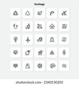 Symbole der ökologischen Linie gesetzt. Recycling-Logo, Solarzelle, Blätter, Elektroautos und andere Elemente