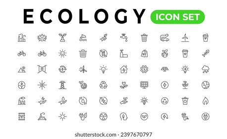 Conjunto de iconos de línea de ecología. Colección de iconos de esquema de energía renovable. Panel solar, reciclar, eco, bio, energía, agua - vector de stock