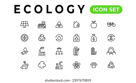 Conjunto de iconos de línea de ecología. Colección de iconos de esquema de energía renovable. Panel solar, reciclar, eco, bio, energía, agua - vector de stock