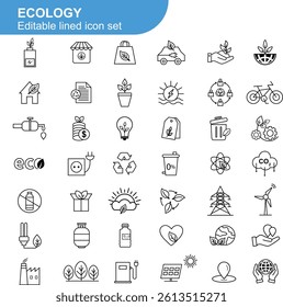 Ecology Line Icons Set for Sustainability, Green Energy, Recycling, Renewable Resources, Eco-Friendly Lifestyle, Organic Products, Nature Conservation, Climate Change, Zero Waste