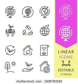 Ecology - line vector icon set. Editable stroke. Eco, ecological house, nature, globe and more.
