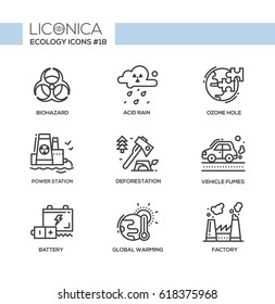 Ecology - line vector modern single line icons set. Biohazard sign, acid rain, ozone hole, power station, earth, deforestation, axe, vehicle fumes, battery, global warming, pollution, factory.