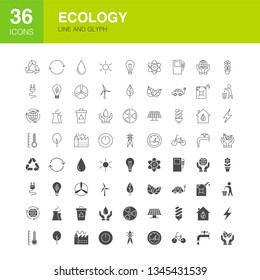 Iconos de glifo de línea de ecología. Ilustración vectorial de esquema ambiental y símbolos sólidos. 