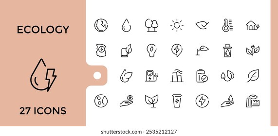 Ecology line web icon set. Contains related to sustainability, eco-friendly, recycling, environment, wind power, renewable and more. Thin linear style icons pack. Vector illustration.