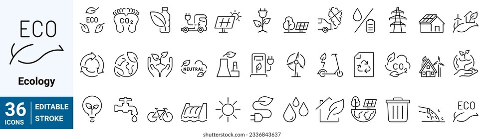 Ecology line web icons real estate. Carbon footprint, CO2 neutral, net zero, sustainable development. Simple vector illustration. Editable stroke