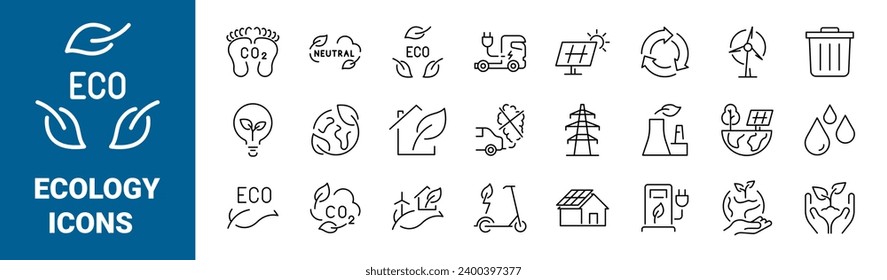 La línea de ecología iconos web inmobiliarios. Huella de carbono, neutralidad de CO2, cero neto, desarrollo sostenible. Ilustración vectorial simple. Trazo editable