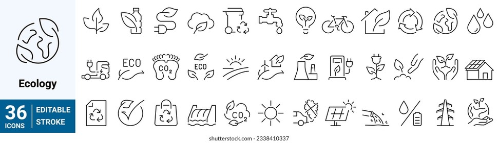 Ecology linear icon collection real estate. Carbon footprint, CO2 neutral, net zero, sustainable development. Editable stroke. Vector illustration