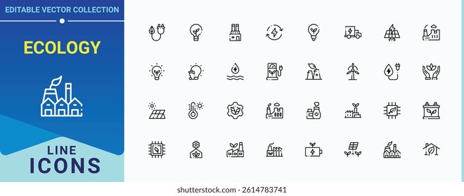 Ecology linear icon set. Contains such symbols as power, environment, hydro, bio, green, electric, energy and more. Green Energy icon set. Thin icons set. Editable stroke collections.
