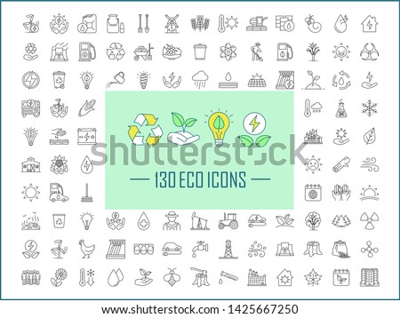 Ecology linear icons big set. Thin line contour symbols. Ecology care, nature protection, alternative energy resources, energy technologies. Isolated vector outline illustrations. Editable stroke