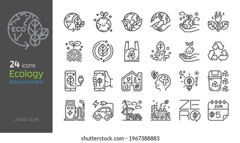 Ecology linear style icon set. Safe earth,water,energy,renewable concept environment day and earth day. Eco friendly design vector illustration.