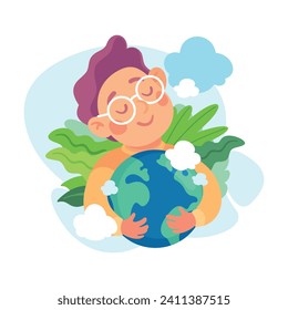 Ecología con el pequeño personaje Tender Abrazo Planeta Tierra Disfrutar de una Ilustración Vector de Estilo de Vida Sostenible