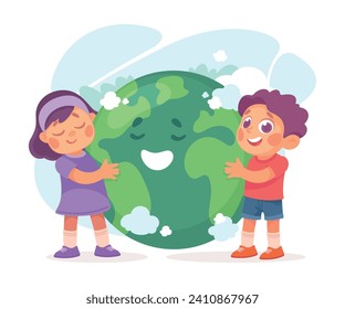 Ecology with Little Boy and Girl Character Embrace Planet Enjoy Sustainable Lifestyle Vector Illustration