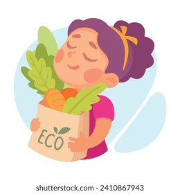 Ecology with Little Girl Character Carry Reusable Shopping Bag Enjoy Sustainable Lifestyle Vector Illustration