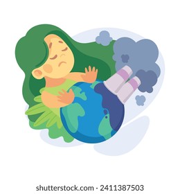 Ecología con el personaje de una niña pequeña Protege el planeta Tierra de la Contaminación de Fábrica y la Ilustración del Vector de Humo