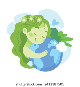 Ecology with Little Girl Character Tender Embrace Planet Earth Enjoy Sustainable Lifestyle Vector Illustration