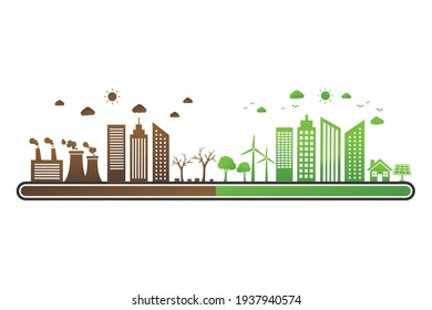 barra de carga de ecología. Medio ambiente contra ciudad contaminada. Concepto de problema del calentamiento planetario. sostenible y medio ambiente. ilustración vectorial en diseño moderno de estilo plano. 