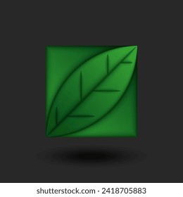 Ecology logo 3D square shape with shadow, one abstract green leaf vector illustration, eco farm emblem.