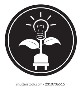 ecology logo, bulb, cok and leaf on circular black background