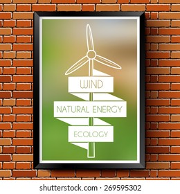 ecology logo or label template  with blurred background on red brick wall. Vector illustration with thin lines isolated icons for your product or design, web and mobile applications with text stamp.

