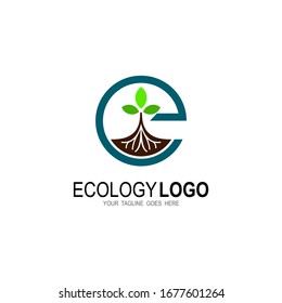 Ecology logo with leaf design template, Tree icons, Letter E