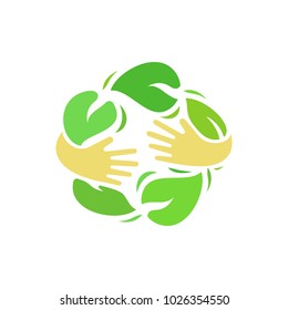 Ecology logo vector. Illustration of human hands hug green leaves. Organic food and environment care emblem. Recycle symbol creative template.