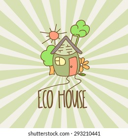 Ecology logotype with hand drawn cartoon house, retro stylized. Vector illustration