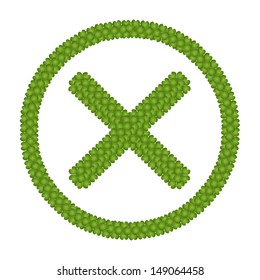 Ecology and Love Concept, Fresh Green Four Leaf Clover Forming Painted Symbol or No Sign in Round Frame Isolated on White Background 