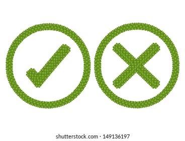 Ecology and Love Concept, Fresh Green Four Leaf Clover Forming Check Mark Symbol and Cross Sign in Round Frame Isolated on White Background 