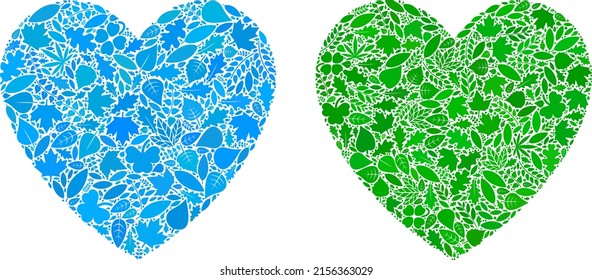 Ecology love heart icon mosaic of plant leaves in green and natural color tinges. Ecological environment vector concept for love heart icon. Love heart vector image is formed of green herbal items.