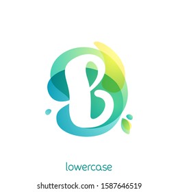 Ecology lowercase letter b logo. Overlapping watercolor font with green leaves. Vector green template can be used for vegan, bio, raw, organic.
