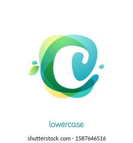 Ecology lowercase letter c logo. Overlapping watercolor font with green leaves. Vector green template can be used for vegan, bio, raw, organic.
