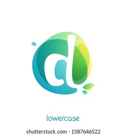 Ecology lowercase letter d logo. Overlapping watercolor font with green leaves. Vector green template can be used for vegan, bio, raw, organic.