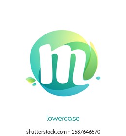 Ecology lowercase letter m logo. Overlapping watercolor font with green leaves. Vector green template can be used for vegan, bio, raw, organic.