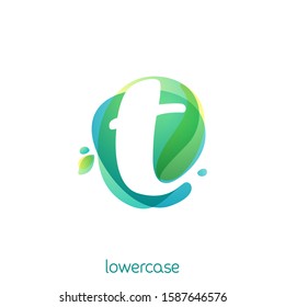 Ecology lowercase letter t logo. Overlapping watercolor font with green leaves. Vector green template can be used for vegan, bio, raw, organic.