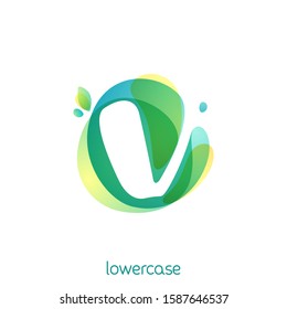 Ecology lowercase letter v logo. Overlapping watercolor font with green leaves. Vector green template can be used for vegan, bio, raw, organic.