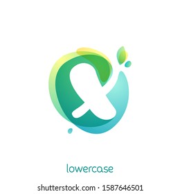 Ecología letra minúscula x logo. Fuente acuarela superpuesta con hojas verdes. La plantilla verde vectorial puede ser utilizada para vegano, biológico, crudo, orgánico.