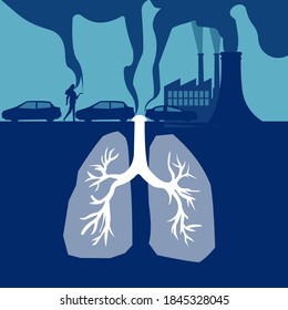 ecology, lungs, air pollution on blue background