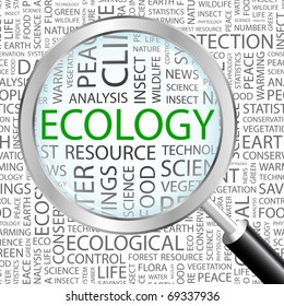ECOLOGY. Magnifying glass over seamless background with different association terms. Vector illustration.