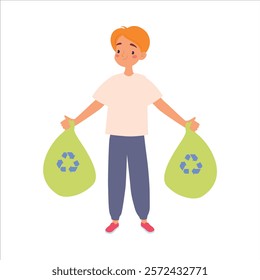 Ecology with Man Character Carry Garbage Bag Save Planet Vector Illustration