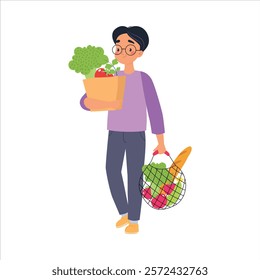 Ecology with Man Character Carry Reusable Shopping Bag Save Planet Vector Illustration