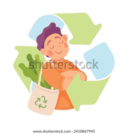 Ecology with Man Character Carry Reusable Shopping Bag Enjoy Sustainable Lifestyle Vector Illustration