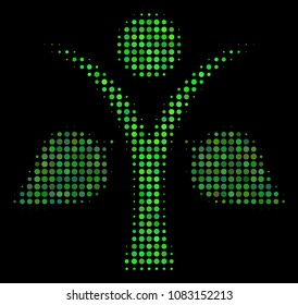 Ecology man halftone vector icon. Illustration style is dotted iconic ecology man symbol on a black background. Halftone texture is constructed with round spots.