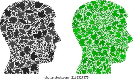 Ecology man head profile icon collage of herbal leaves in green and natural color hues. Ecological environment vector concept for man head profile icon.