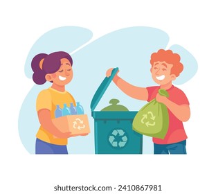 Ecology with Man and Woman Character Sort Garbage for Recycle Enjoy Sustainable Lifestyle Vector Illustration